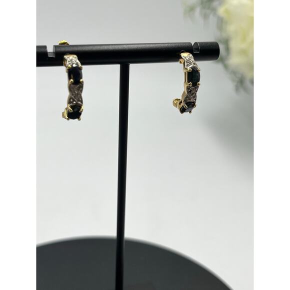 JJT 925 Sterling Vermeil Vintage Blue Topaz Diamond Half Hoop J Post Earrings - Picture 4 of 11